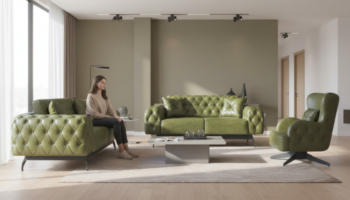 Sofa-Set Chesterfield 3-Sëtzer 2-Sëtzer Lieder Holz Fotel Gréng Klassesch
