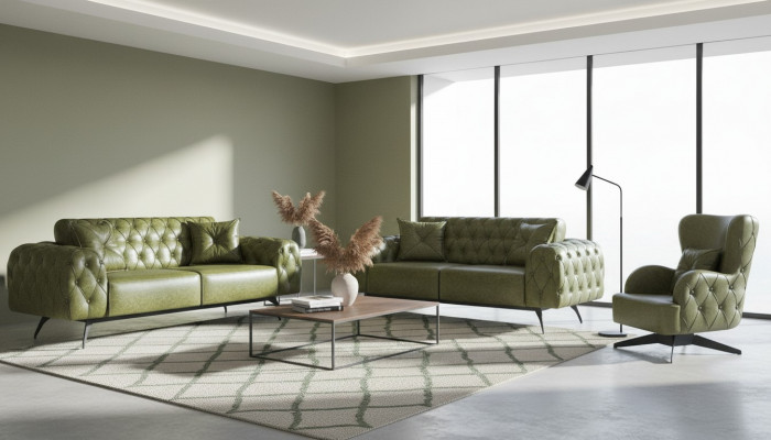 Sofa-Set Chesterfield 3-Sëtzer 2-Sëtzer Lieder Holz Fotel Gréng Klassesch