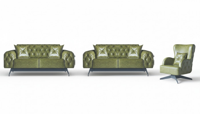 Sofa-Set Chesterfield 3-Sëtzer 2-Sëtzer Lieder Holz Fotel Gréng Klassesch