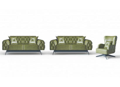 Sofa-Set Chesterfield 3-Sëtzer 2-Sëtzer Lieder Holz Fotel Gréng Klassesch
