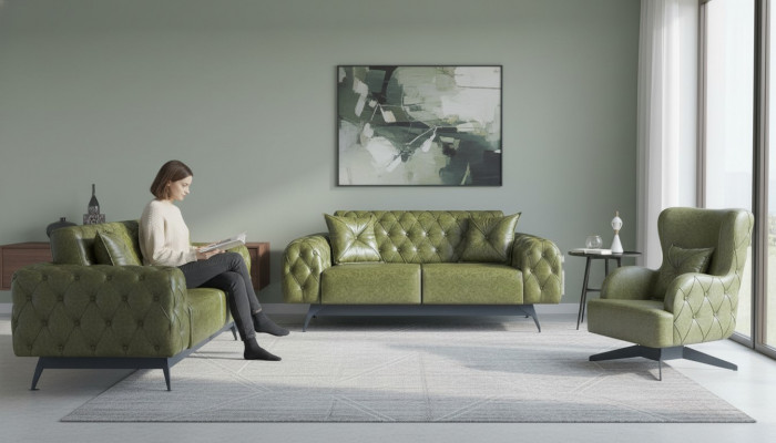 Lieder Canapé Sofa-Set 2-Sëtzer Gréng Polster Këssen Fotell Klassesch Mëll