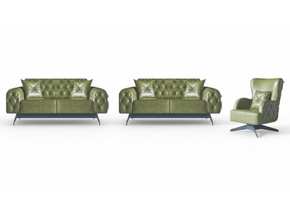 Lieder Canapé Sofa-Set 2-Sëtzer Gréng Polster Këssen Fotell Klassesch Mëll