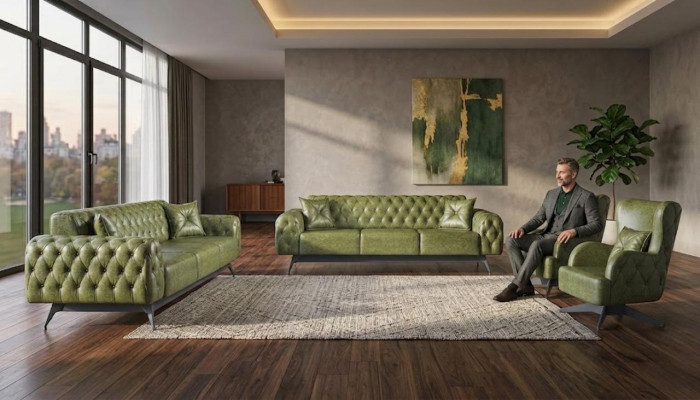 Sofa Set Couch 3-Sëtzer Lieder Fautuell Gréng Klassesch Chesterfield Polster 4tlg.