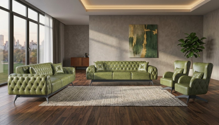 Sofa Set Couch 3-Sëtzer Lieder Fautuell Gréng Klassesch Chesterfield Polster 4tlg.