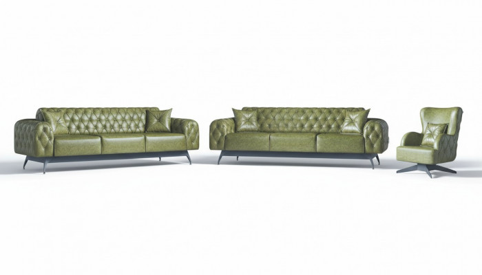 Sofa Set Couch 3-Sëtzer Lieder Fautuell Gréng Klassesch Chesterfield Polster 4tlg.