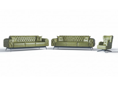 Sofa Set Couch 3-Sëtzer Lieder Fautuell Gréng Klassesch Chesterfield Polster 4tlg.