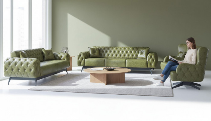 Chesterfield Polster 3-Sëtzer 2-Sëtzer Sesselfauteuil Gréng Set Klassesch Lieder 4stéck.