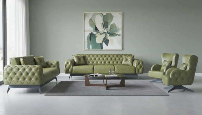 Chesterfield Polster 3-Sëtzer 2-Sëtzer Sesselfauteuil Gréng Set Klassesch Lieder 4stéck.