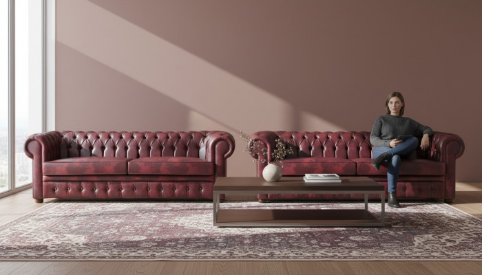 Chesterfield 3-Sëtzer Bordeaux Canapé Couches Klassesch Ledercouch Holz 2tlg