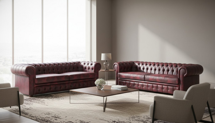 Chesterfield 3-Sëtzer Bordeaux Canapé Couches Klassesch Ledercouch Holz 2tlg