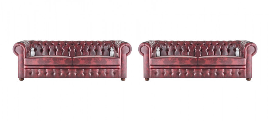 Chesterfield 3-Sëtzer Bordeaux Canapé Couches Klassesch Ledercouch Holz 2tlg