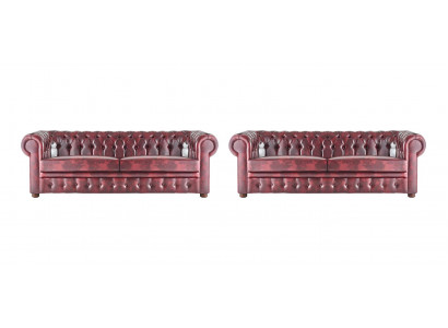 Chesterfield 3-Sëtzer Bordeaux Canapé Couches Klassesch Ledercouch Holz 2tlg