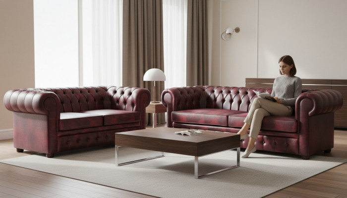 Sëtzmiwwel Sofa-Set 3-Sëtzer 2-Sëtzer Bordeaux Couch Chesterfield Knéppel