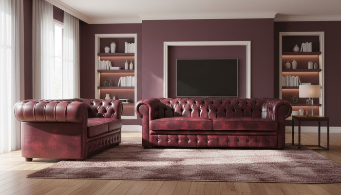 Sëtzmiwwel Sofa-Set 3-Sëtzer 2-Sëtzer Bordeaux Couch Chesterfield Knéppel
