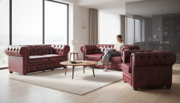 Ledersofa Chesterfield Sofa 2-Sëtzer Sessel Bordeaux Klassesch Lieder
