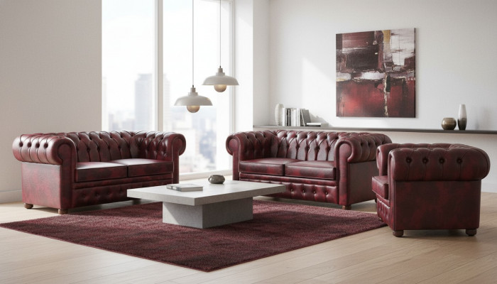 Ledersofa Chesterfield Sofa 2-Sëtzer Sessel Bordeaux Klassesch Lieder