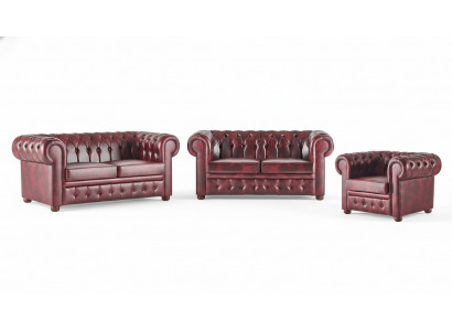 Ledersofa Chesterfield Sofa 2-Sëtzer Sessel Bordeaux Klassesch Lieder