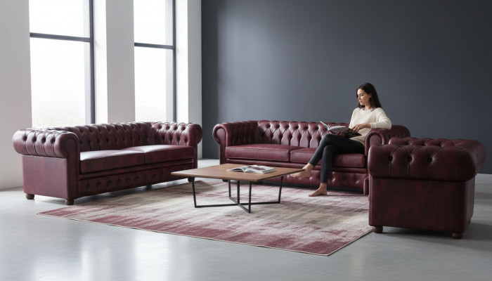 Klassescht Liederkanapé Kanapéen 3-Sëtz Kanapégarnitur Fauteuil Chesterfield Set 3-Deeler.