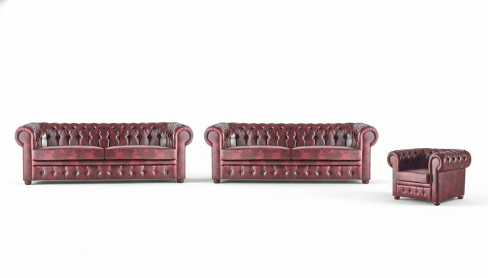 Klassescht Liederkanapé Kanapéen 3-Sëtz Kanapégarnitur Fauteuil Chesterfield Set 3-Deeler.