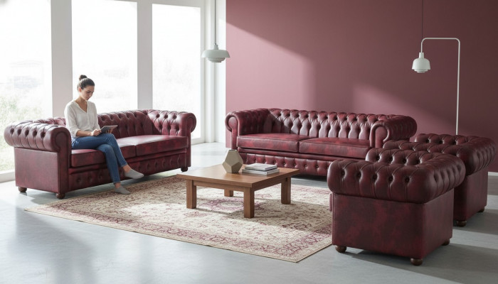 Ledersofa Set 3-Sëtzer Sesselleeën Bordeaux Chesterfield Polstersofa Lieder 4tlg