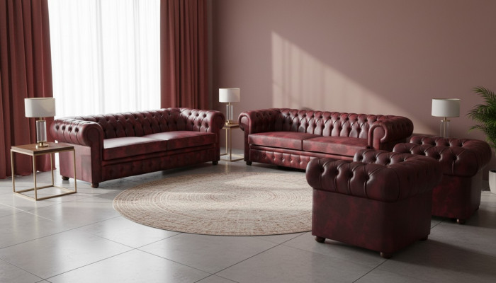 Ledersofa Set 3-Sëtzer Sesselleeën Bordeaux Chesterfield Polstersofa Lieder 4tlg