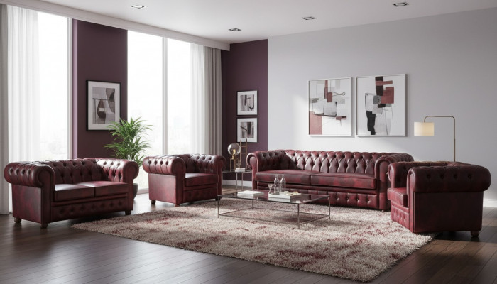 Soffagarnitur Set Couch Chesterfield 3-Sëtzer 2-Sëtzer Fautteuil Bordeaux Set 4tlg.