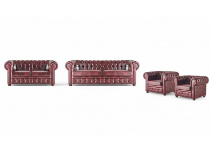 Soffagarnitur Set Couch Chesterfield 3-Sëtzer 2-Sëtzer Fautteuil Bordeaux Set 4tlg.