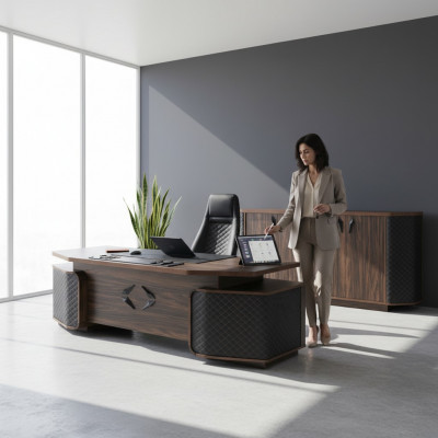 Büro-Sätz: Schreifdësch, Bürosstull, Sideboard, Schwaarz, Brong, Chefsstull.