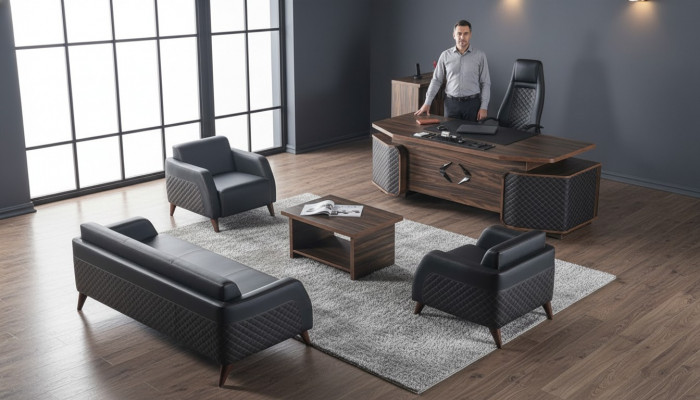 Modern Komplett Aarbechtszëmmer-Set Schreifdësch Sofas Braun Schwaarz Lieder