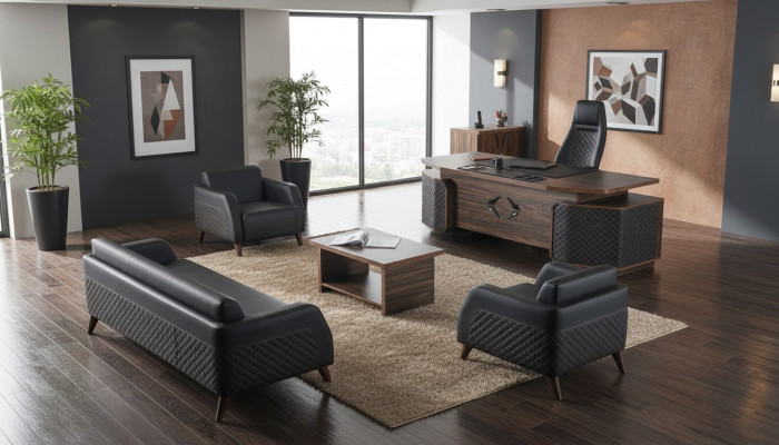 Modern Komplett Aarbechtszëmmer-Set Schreifdësch Sofas Braun Schwaarz Lieder