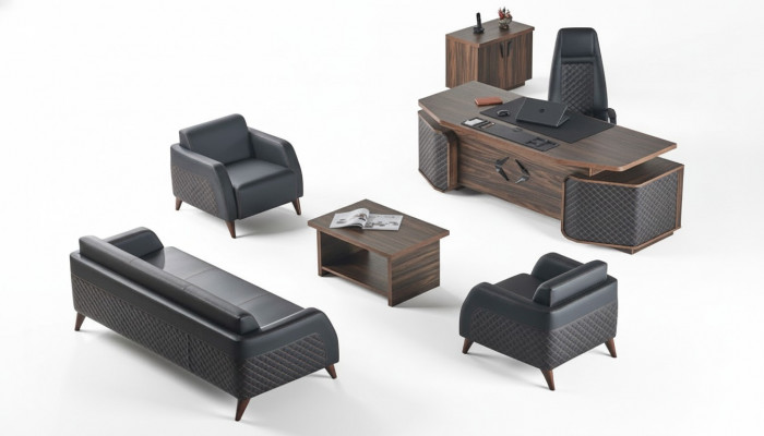 Modern Komplett Aarbechtszëmmer-Set Schreifdësch Sofas Braun Schwaarz Lieder