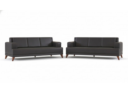 Ledersofa Modern Canapé 3-Sëtz Schwaz Polster Këssen Lieder Holz