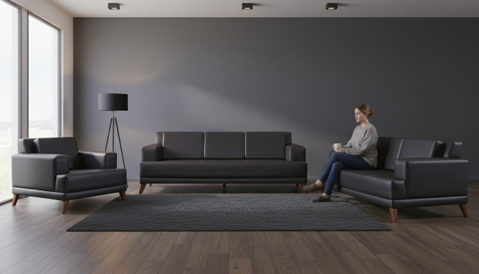 Sëtzmöbel Sofa-Set 3-Sëtzer 2-Sëtzer Fauteuil Modern Schwaarz Ledersofas
