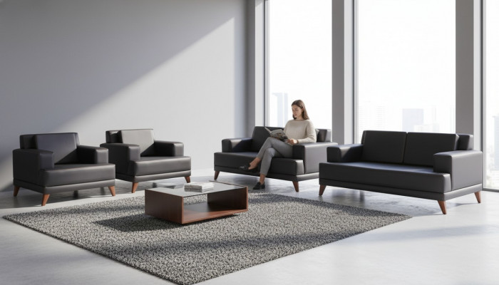 Sëtzmiwwel Set 2-Sëtzer Fotell Schwaarz Ledersofas Modern Sofa-Set Polsterung