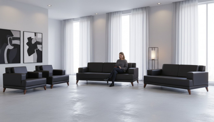 Ledersofa-Set 3-Sëtzer 2-Sëtzer 2x Sesselen Schwaarz Gepolstert Këssen Holz
