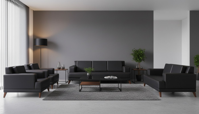 Ledersofa-Set 3-Sëtzer 2-Sëtzer 2x Sesselen Schwaarz Gepolstert Këssen Holz