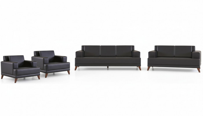 Ledersofa-Set 3-Sëtzer 2-Sëtzer 2x Sesselen Schwaarz Gepolstert Këssen Holz