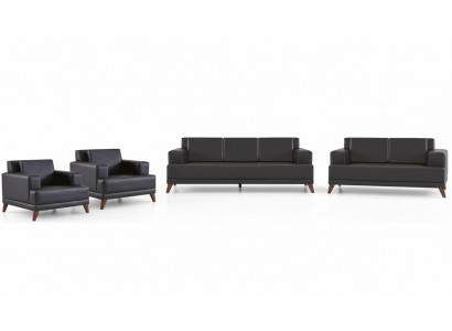 Ledersofa-Set 3-Sëtzer 2-Sëtzer 2x Sesselen Schwaarz Gepolstert Këssen Holz