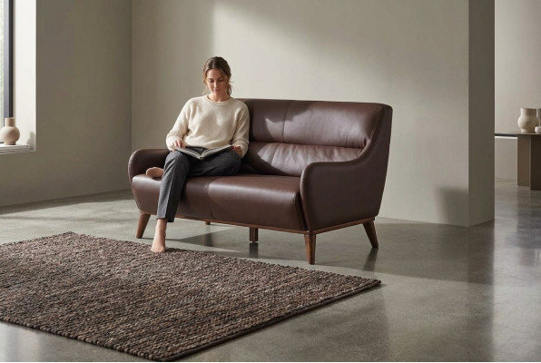 Ledercouch 2-Sëtzer Sofa Braun Klassesch Lieder Holz Weich Armleeën