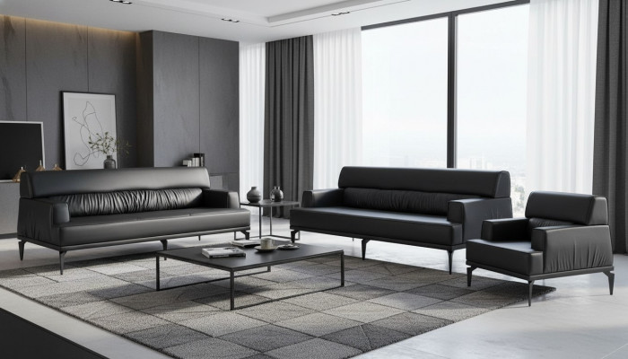Sofagarnituren Sofa-Set Lieder 3-Sëtzer Fotell Schwaarz Lieder-Sofaen Modern