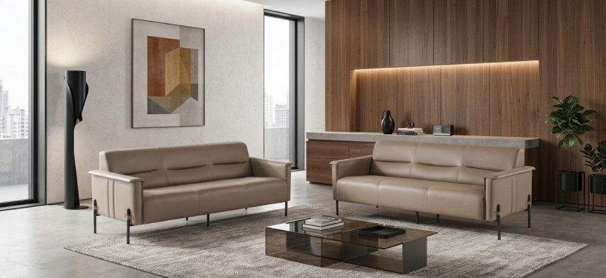 Lädersofas 3-Sëtzer Edelstol Beige Modern Edelstol Couch Lieder Holz