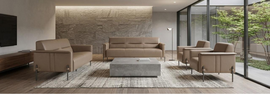 Komplett Modern Sofa-Set 3-Sëtzer 2-Sëtzer Fauteuil Beige Ledersofa Holz
