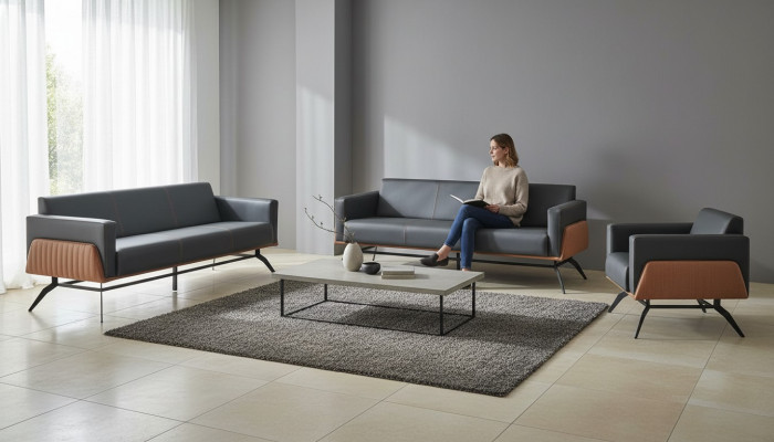 Canapé-Set Sëtzstill Schwaarz Braun 3-Sëtzer Fotel Lieder-Canapéen Edelstahl Holz