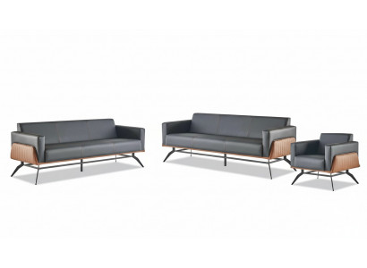 Canapé-Set Sëtzstill Schwaarz Braun 3-Sëtzer Fotel Lieder-Canapéen Edelstahl Holz