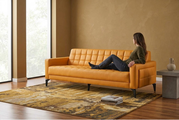 Lädersofa 3-Sëtzer Sofa Chesterfield Modern Dräisëtzeg Couch Lieder Holz