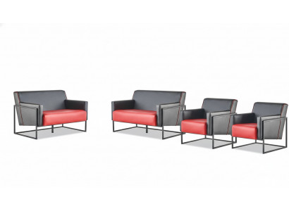 Sofagarniture Set Schwaarz Rout Canapéë 2-Sëtzer Fotell Lieffotell Lieder