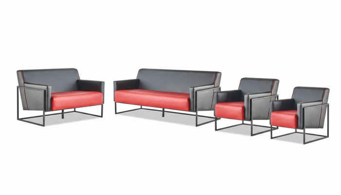Komplett-Set 3-Sëtzer Sesselschwaarz Rout Sofa-Set Lieder Edelstol Holz