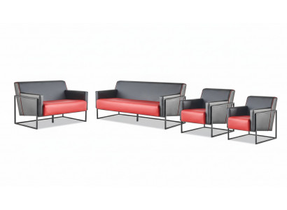 Komplett-Set 3-Sëtzer Sesselschwaarz Rout Sofa-Set Lieder Edelstol Holz