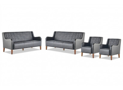 Ledercouch-Garnitur-Set 3-Sëtz Fautteuil Schwaarz Lieder Holz Modern