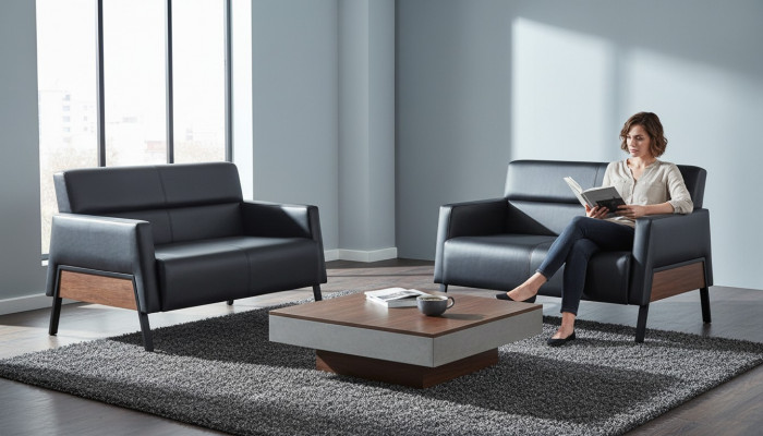 Ledersofa-Set 2-Sëtz Schwaarz Canapé Modern Lieder Edelstahl Holz Mëll